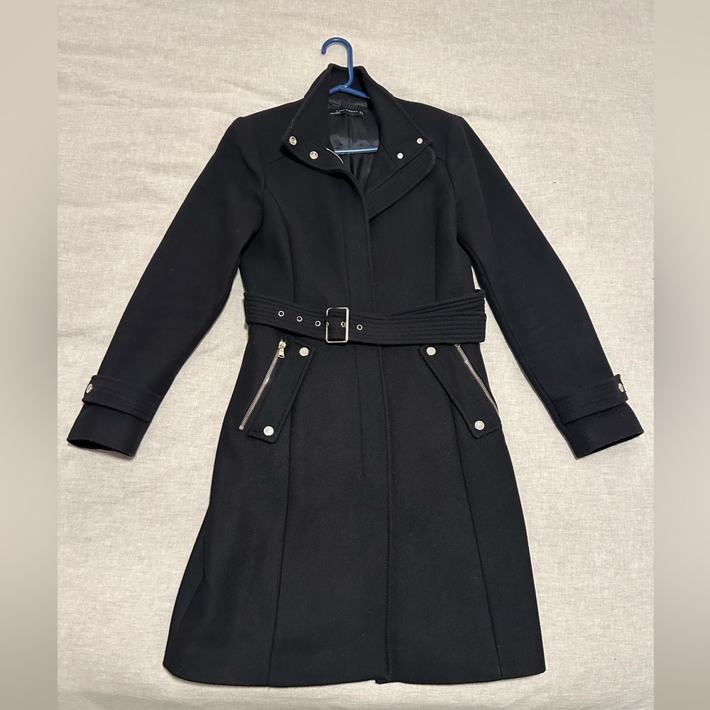 Zara Black Wool Fitted Peacoat with Waist Buckle, Medium